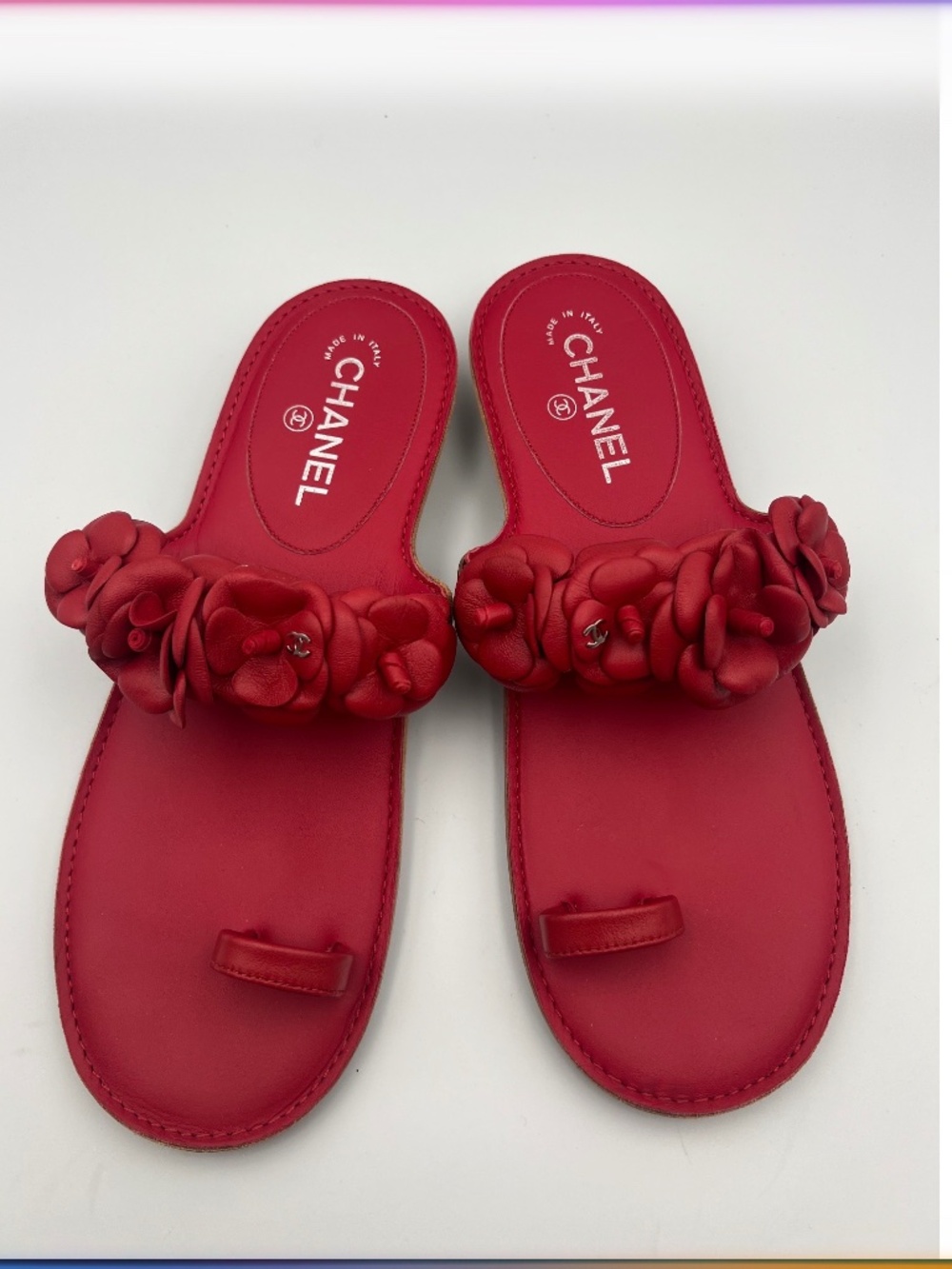 CHANEL LOGO EMBELLISHED LEATHER THONG SANDAL